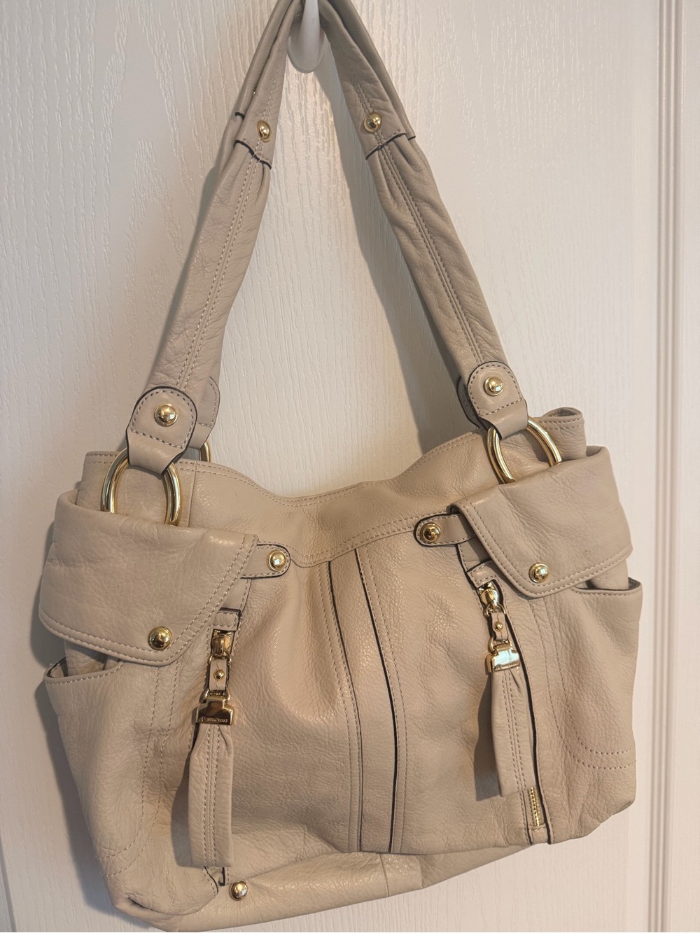 b. makowsky Cream Leather Shoulder Bag with Gold Hardware